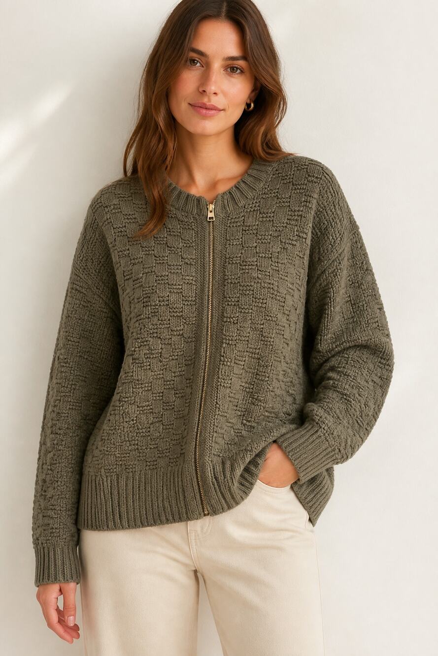 Talbots XL Olive Chunky Knit Zip Front Sweater